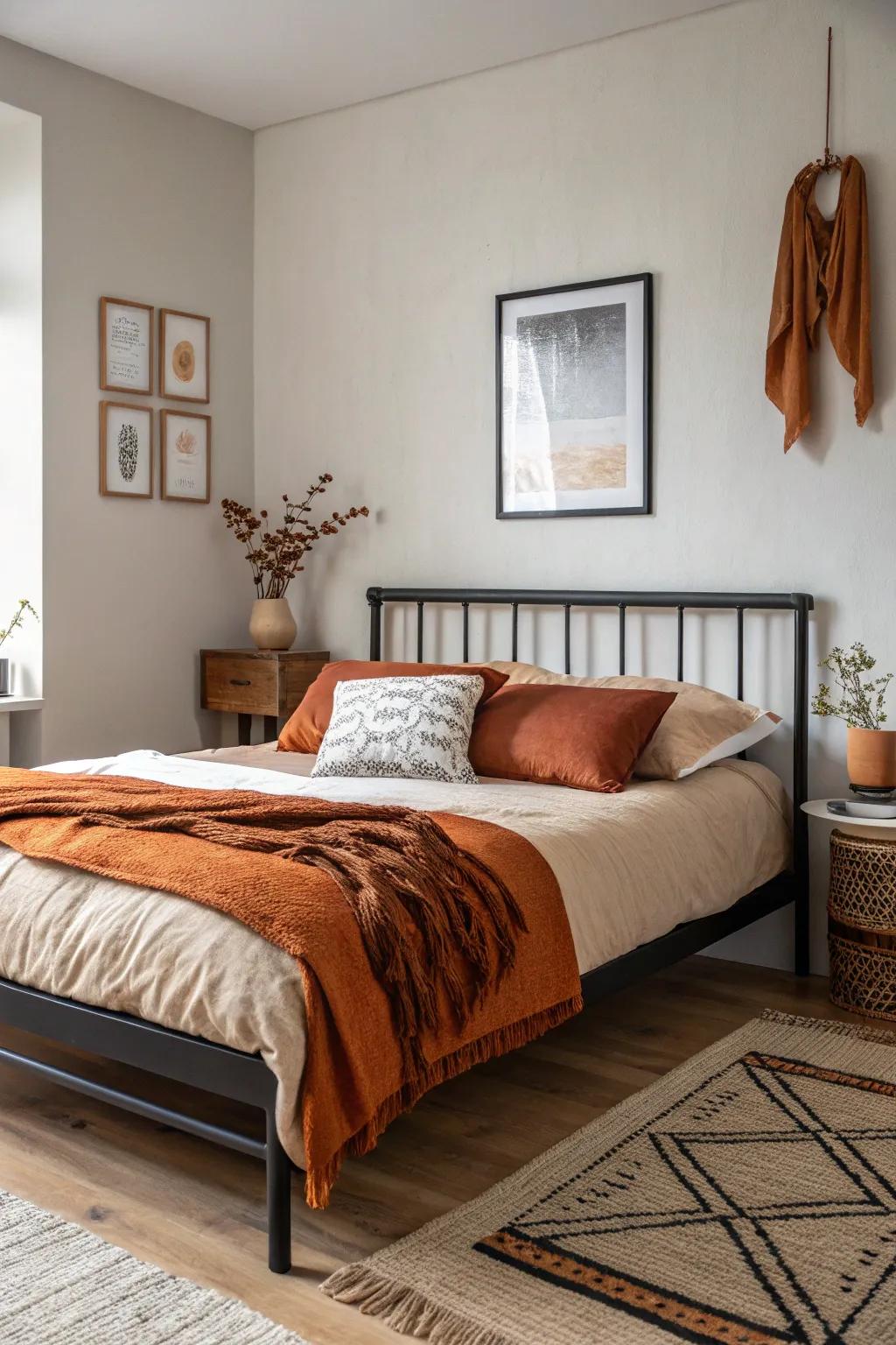 A black bedframe paired with burnt orange bedding creates a chic and cohesive look.