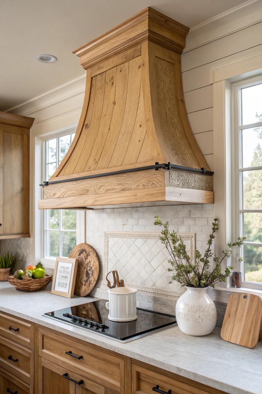 Invite warmth into your kitchen with a rustic wooden range hood, perfect for a cozy atmosphere.