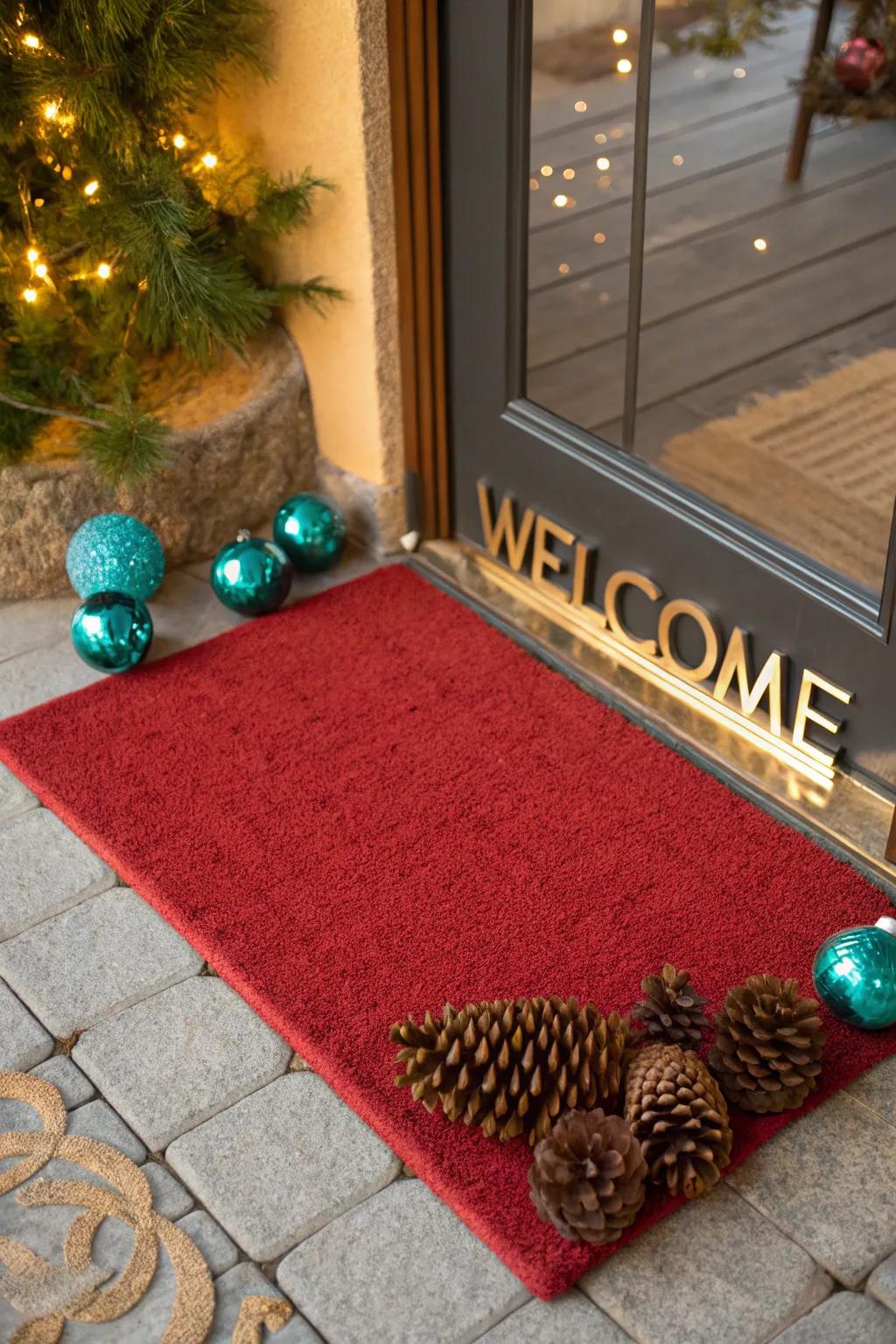 Add a pop of color to your entryway with a bright red mat that invites warmth and joy. #HolidayDecor #ChristmasVibes 🎄