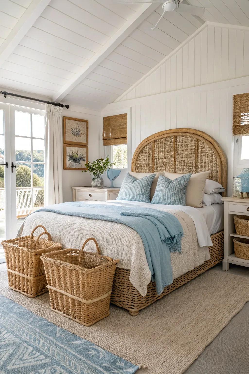 Natural textures like wicker and rattan introduce warmth and depth to your coastal-inspired space.