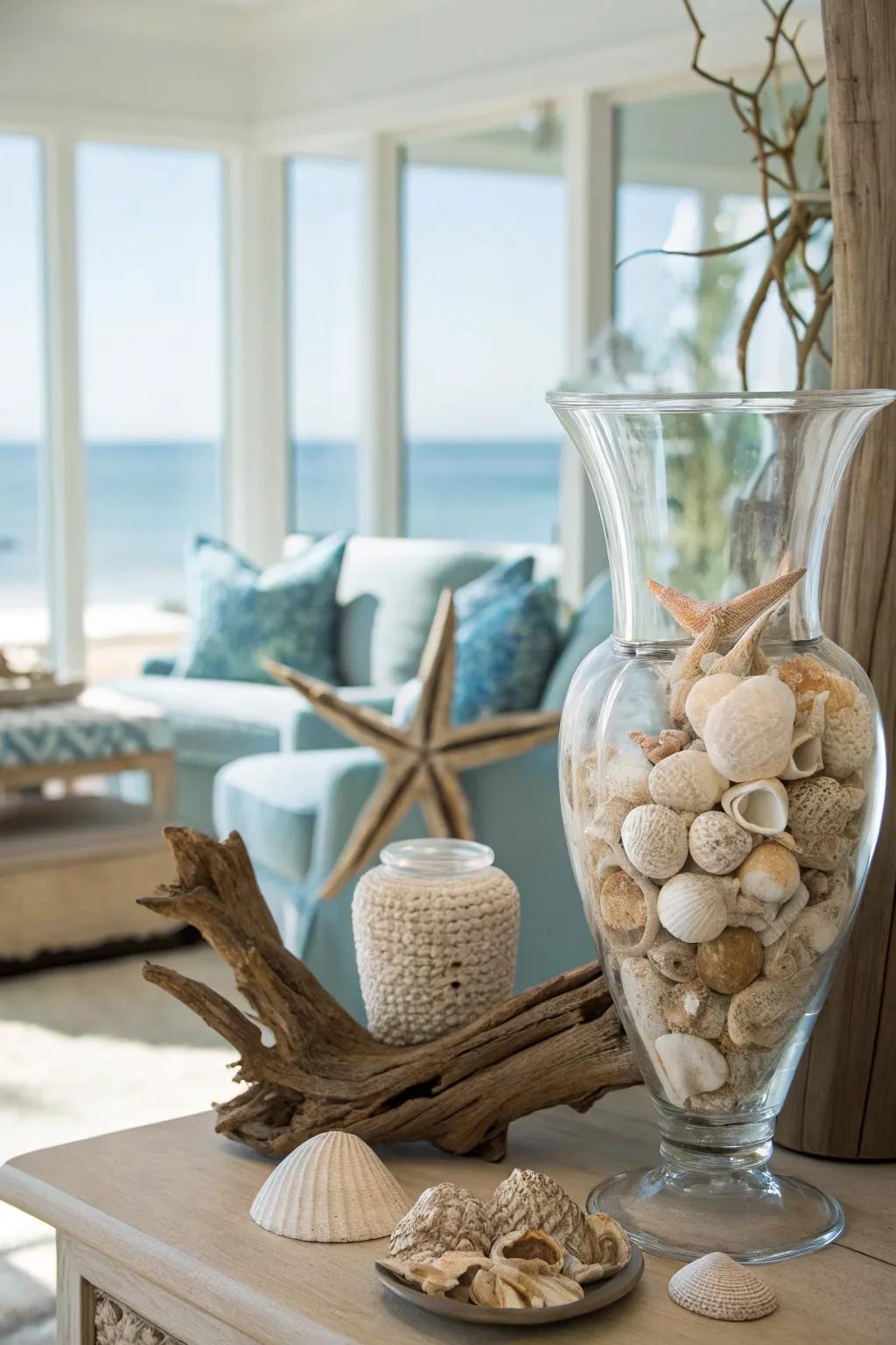 Display your beach treasures elegantly with seashell-filled glass vases. A perfect way to bring the coast indoors.