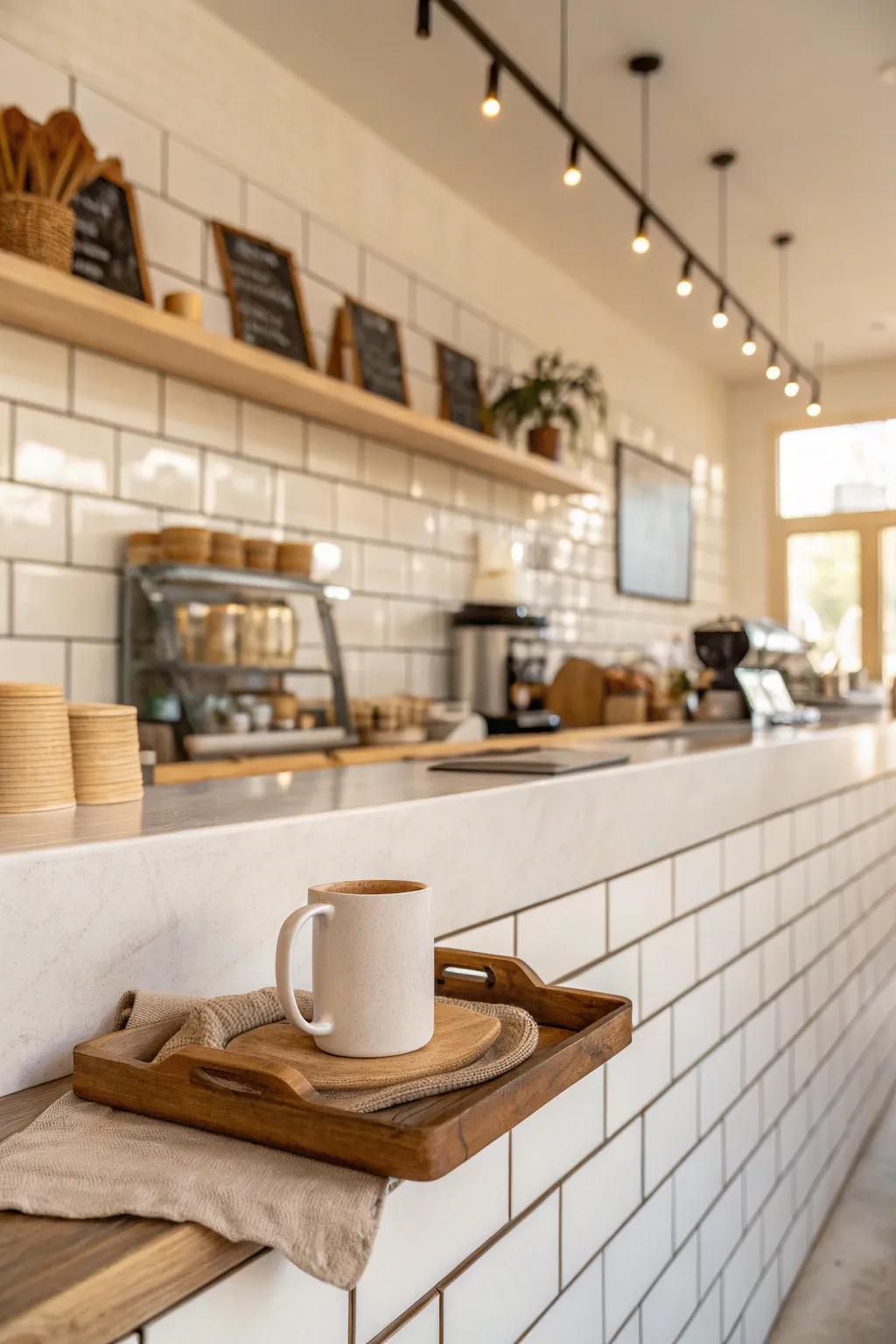 Embrace classic elegance with subway tiles, perfect for a polished coffee bar look.