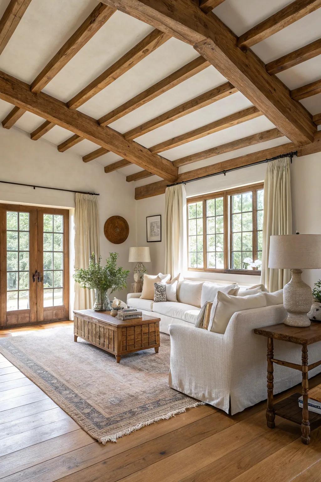 Natural wooden elements add timeless charm to any colonial style living room.