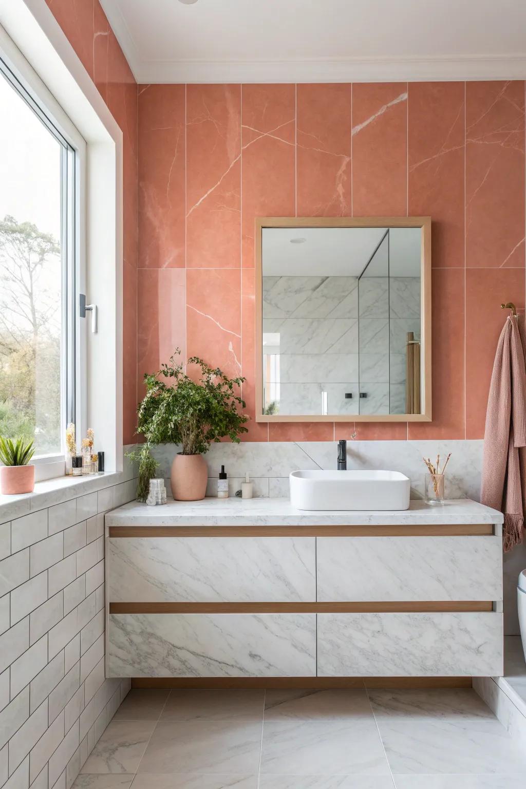 The elegance of coral and marble creates a serene and sophisticated bathroom ambiance.