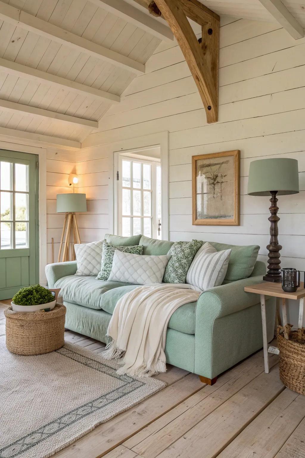 Curl up in a cozy living room filled with soft textures and inviting warmth.