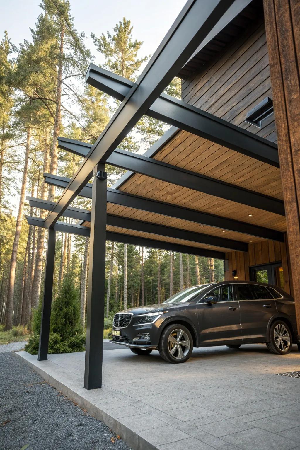 Embrace modern minimalism with a sleek metal carport that offers both style and protection.