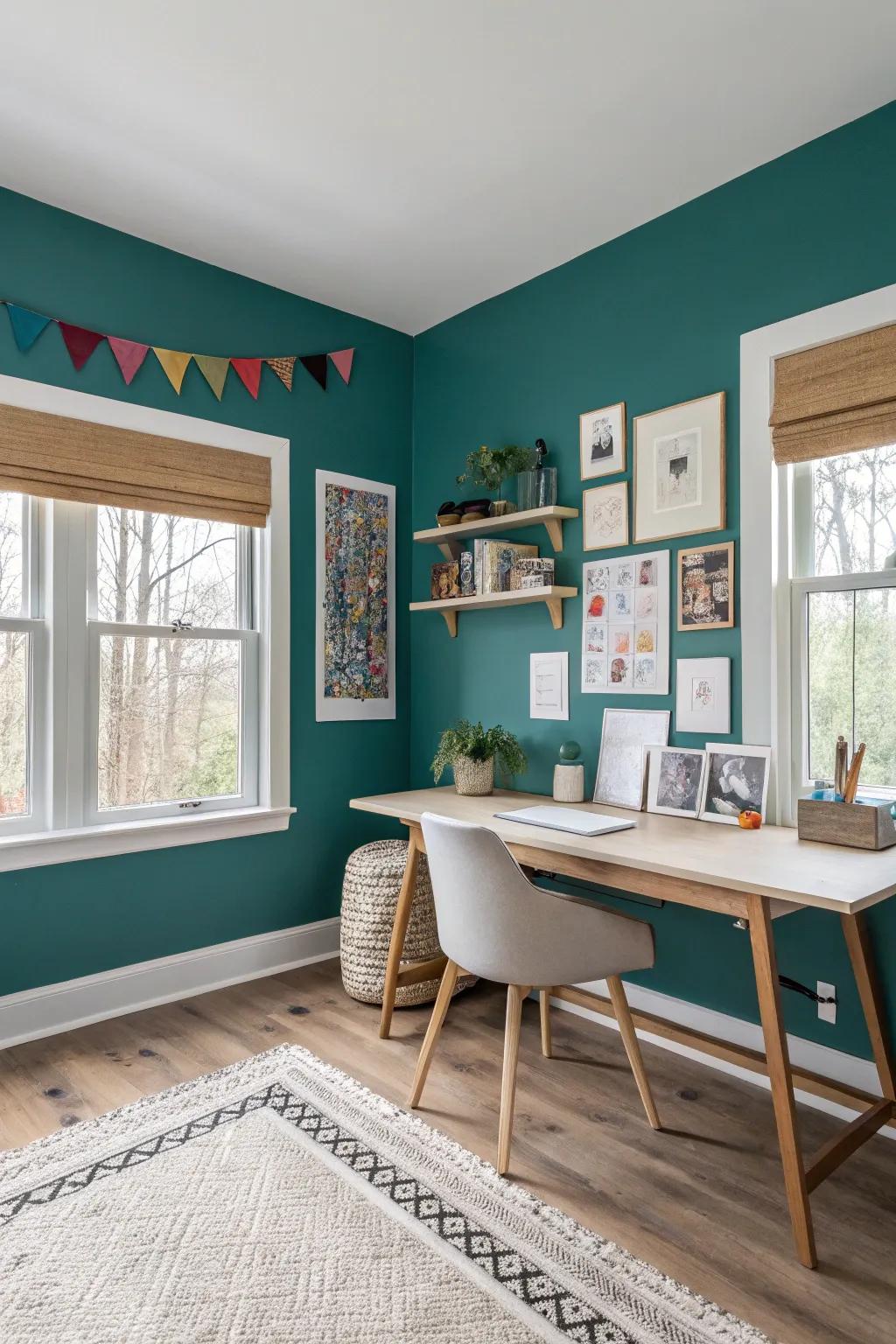 Add a touch of drama and energy with a vibrant accent wall, perfect for a dynamic crafting environment.