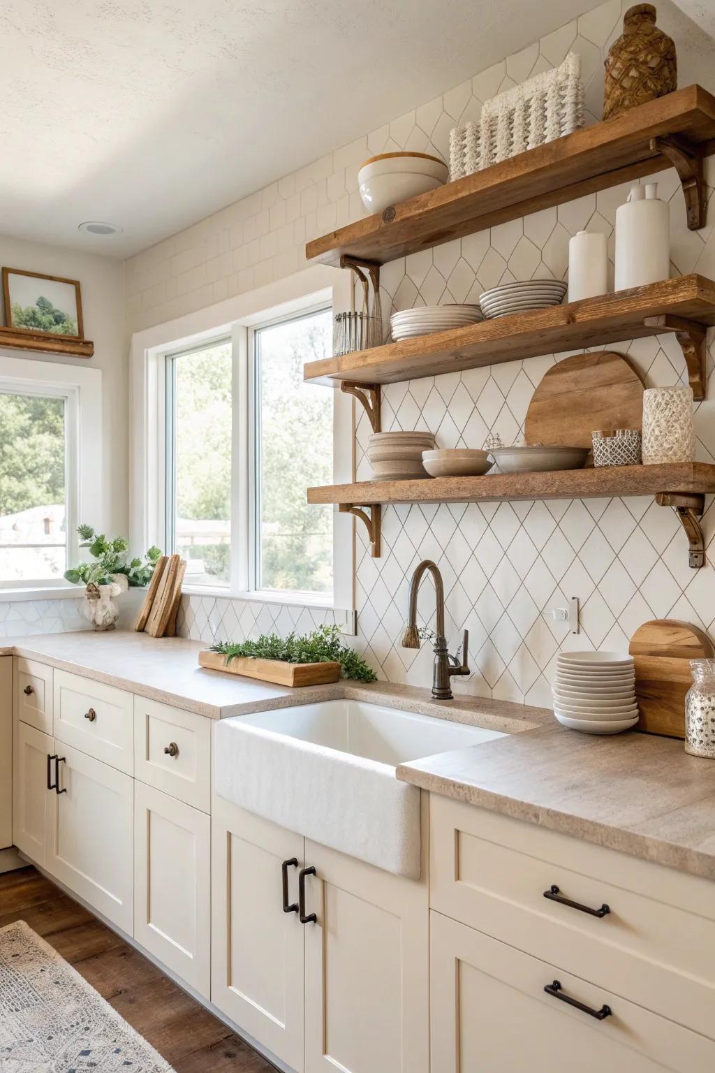Capture the essence of a cozy farmhouse with a charming cream backsplash.