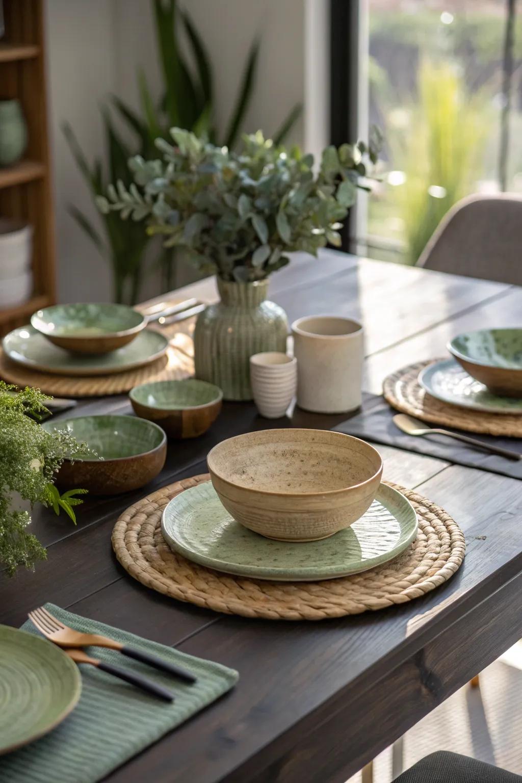 Embrace the warmth of nature with earthy tableware that complements your dark wood table beautifully.