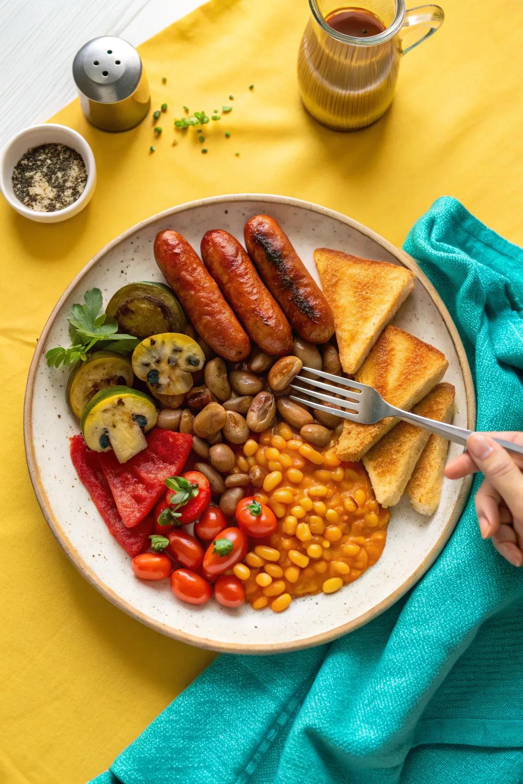Savor the deliciousness of a vegetarian English breakfast, a vibrant and hearty start to your day. 🌿🥗 #VegetarianBreakfast #HealthyLiving