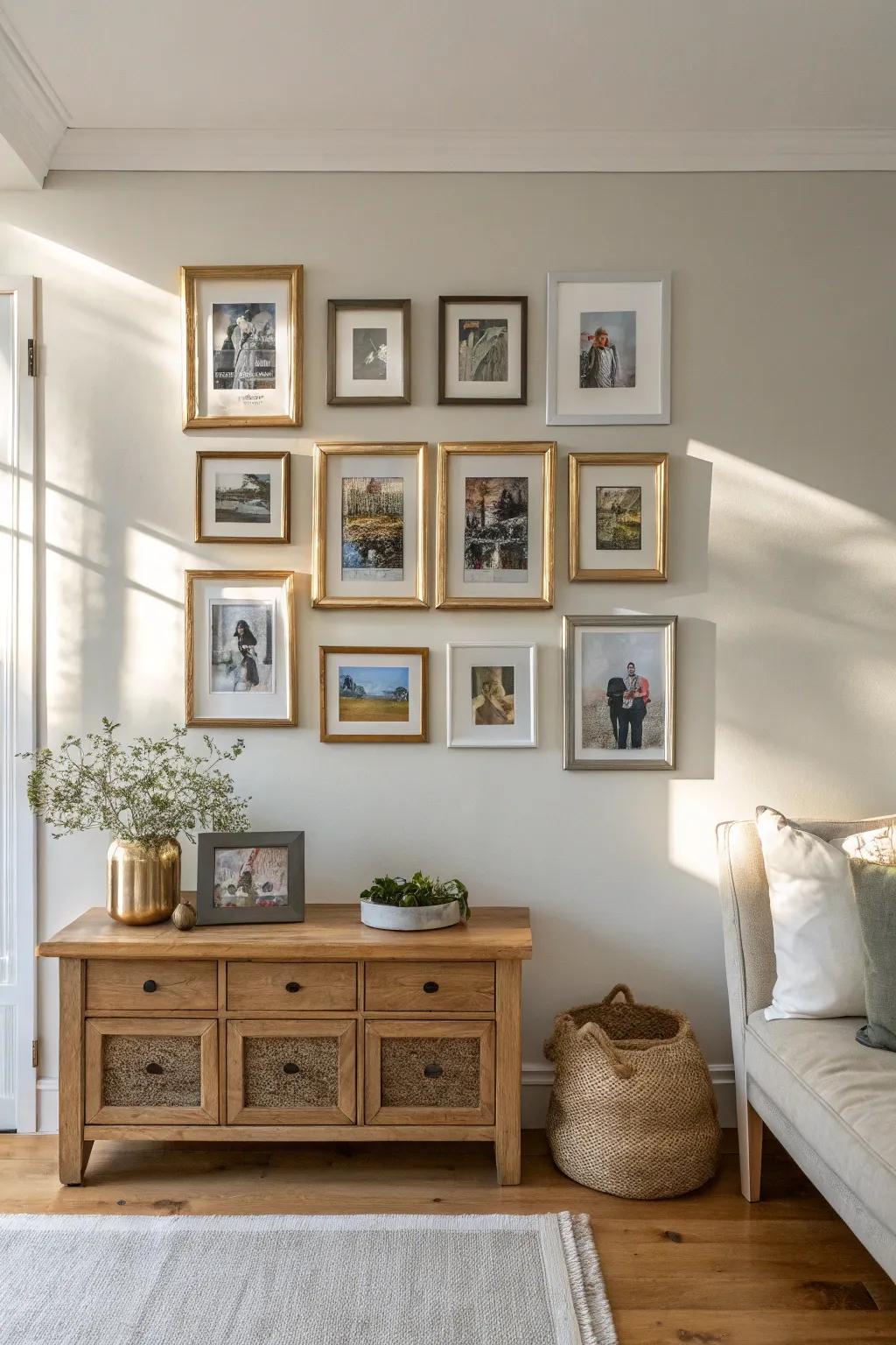 Add a dash of glamour with mixed metal frames, creating a chic and dynamic photo wall.