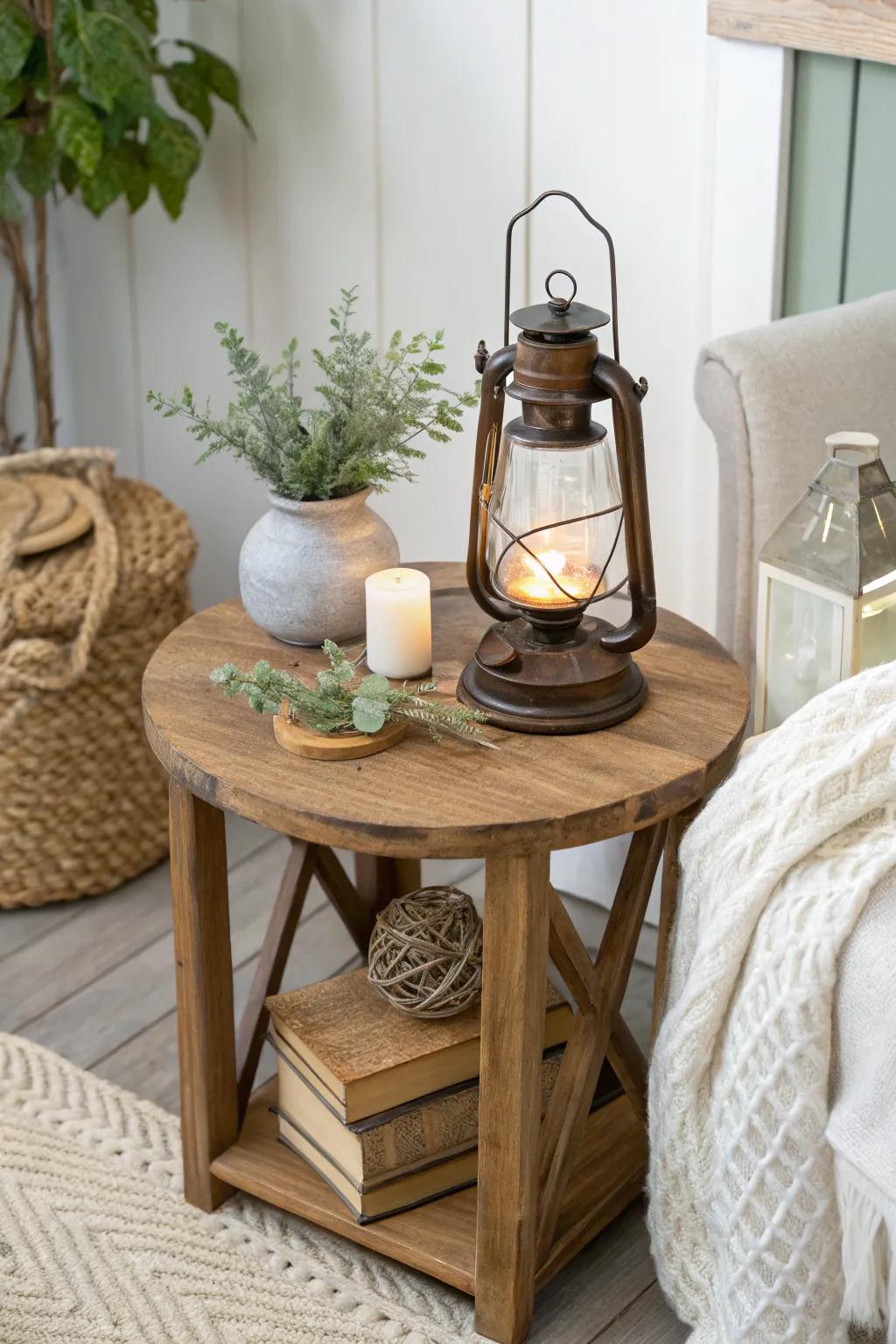 Illuminate your space with the soft glow of a vintage lantern, adding warmth and ambiance to your farmhouse decor.