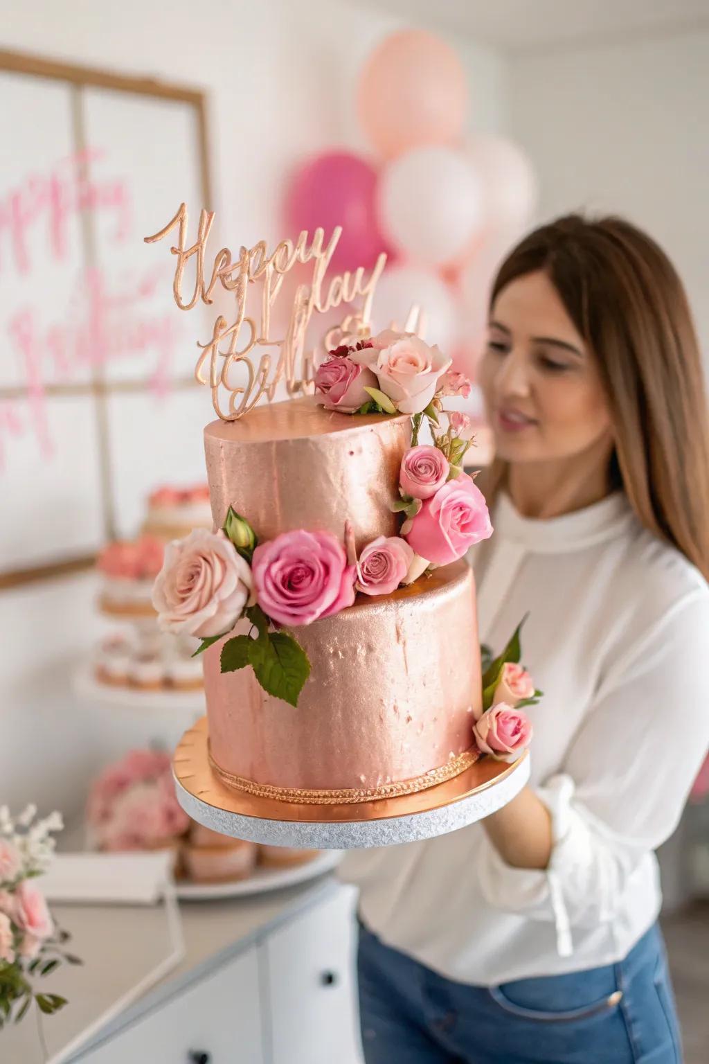 Embrace the elegance of floral and metallic tones for a birthday cake that's both romantic and stylish.