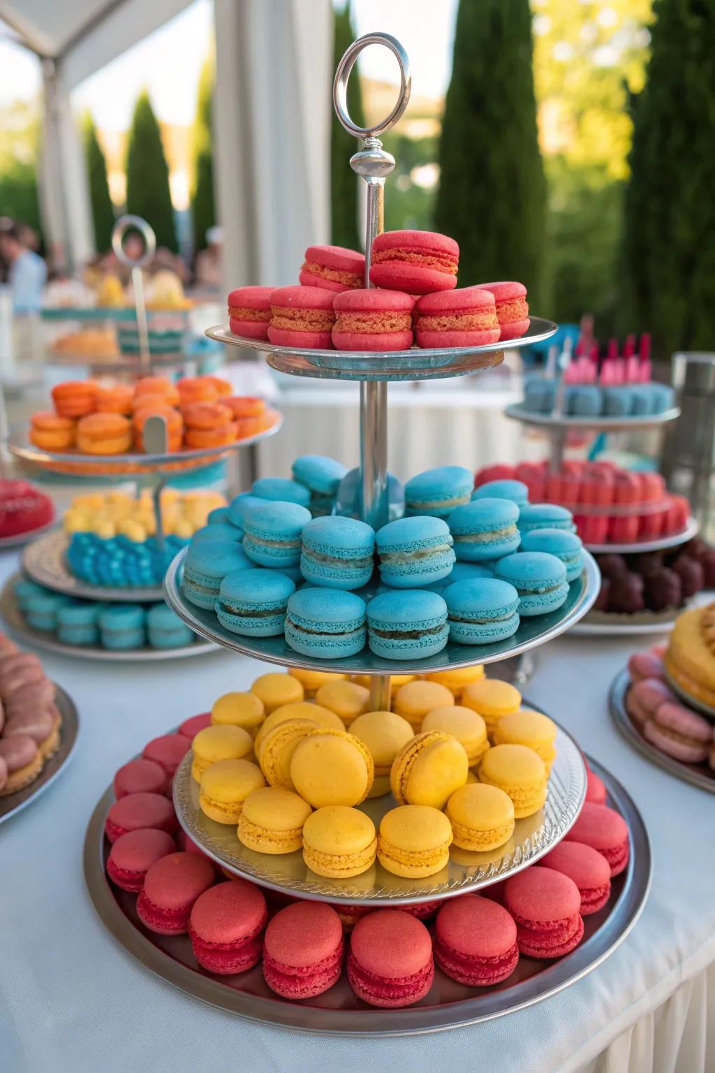 A vibrant macaron display adds a sweet French touch to your party.