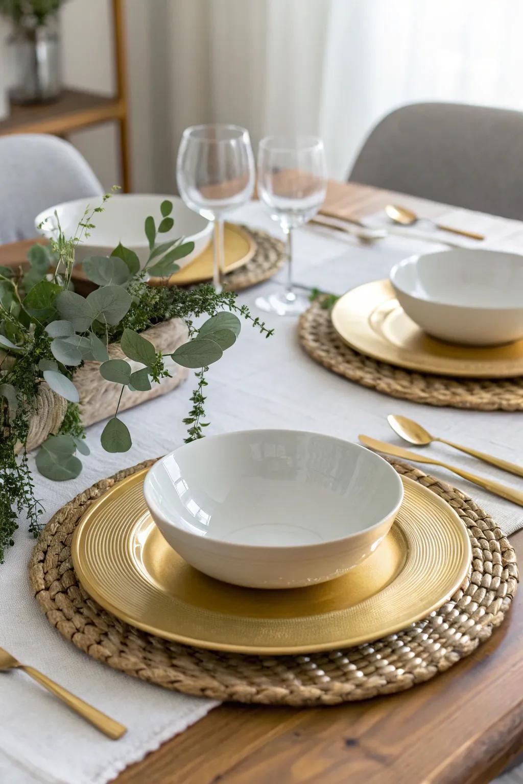 Luxurious gold chargers create a stunning foundation for any dining experience, adding layers of elegance.