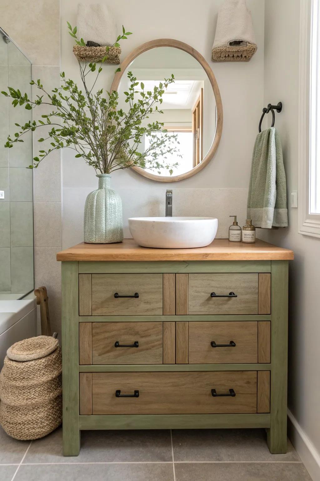 Soothe your senses with a sage green vanity, creating a tranquil retreat in your bathroom.
