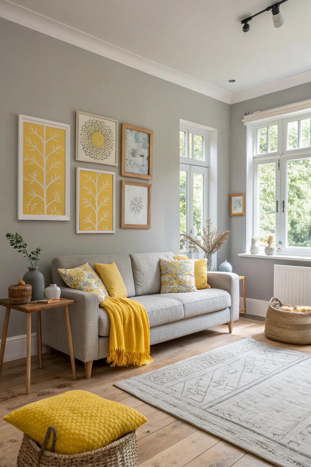 Make your walls pop with bold yellow artworks against a serene grey backdrop. #HomeDecor #ArtLovers