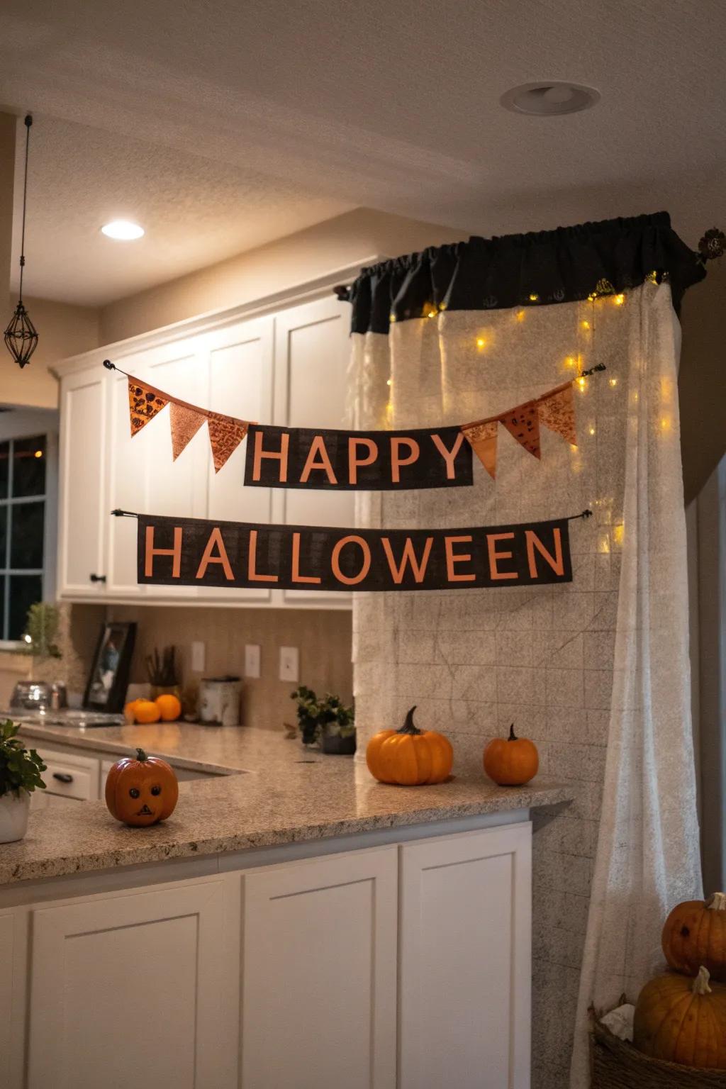 Spooky banners add a playful touch to your Halloween kitchen decor.