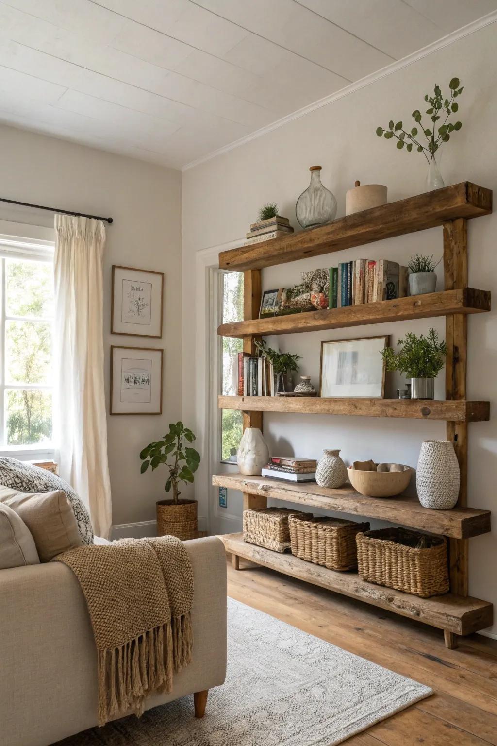 Add character to your walls with rustic wooden shelves, perfect for showcasing your favorite pieces.