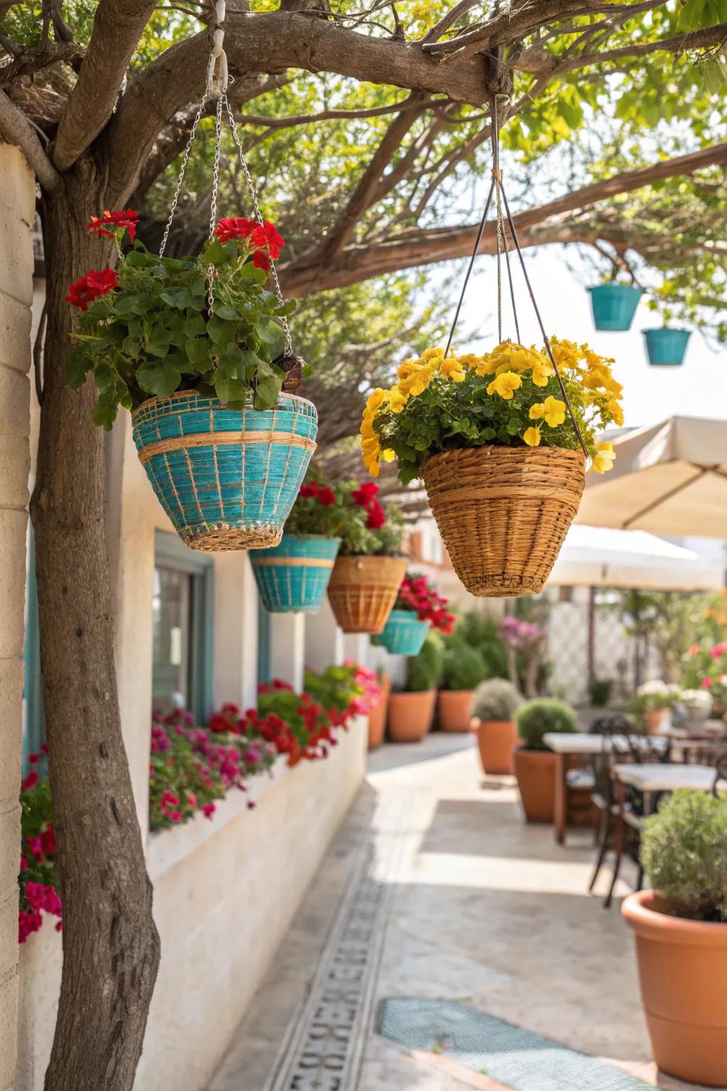 Hanging planters breathe life into any outdoor space, adding lush layers and natural charm.