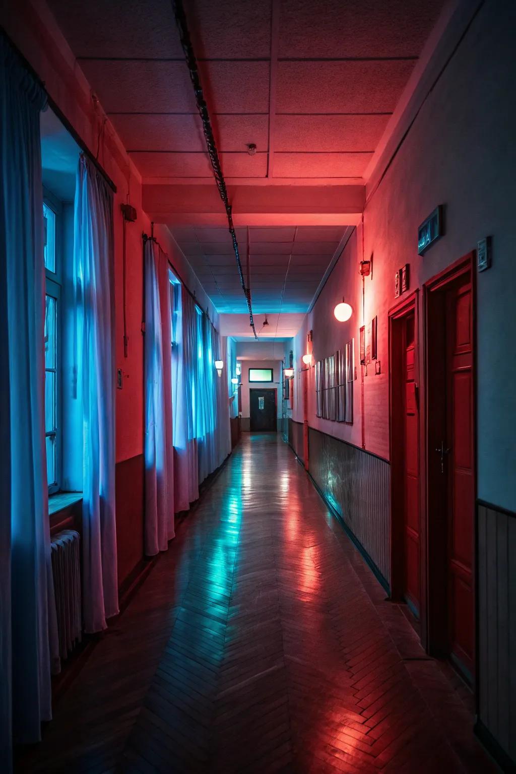 Turn your hallway into a haunting haven with moody lighting that whispers 'beware.'