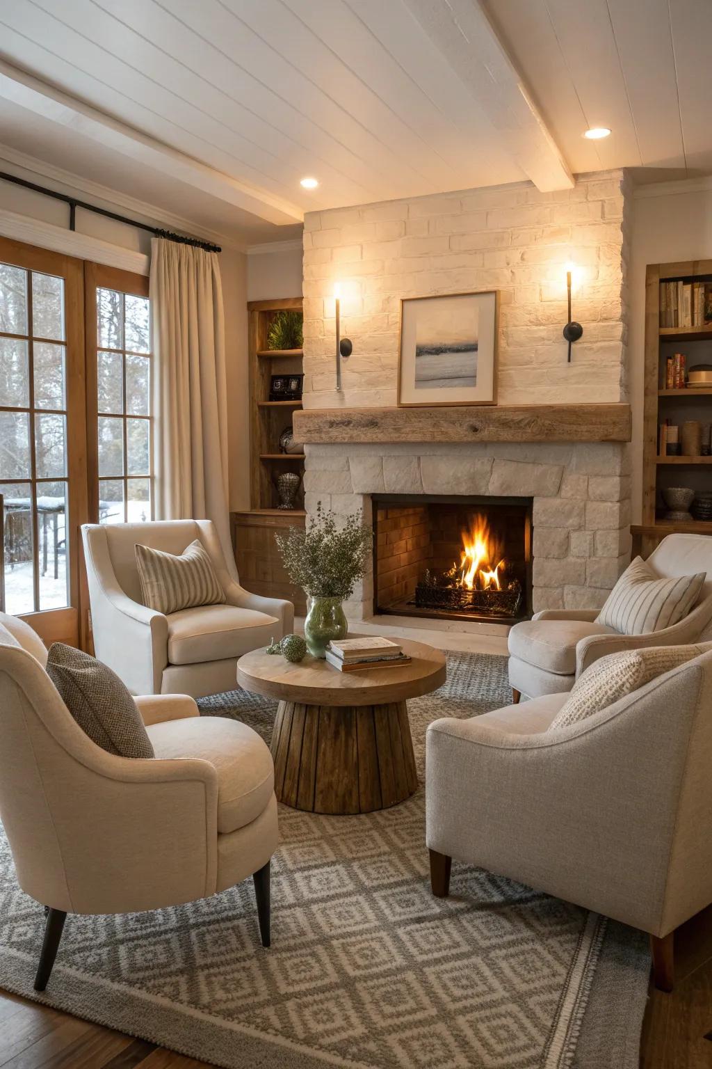 Inviting armchairs arranged for perfect fireside chats.