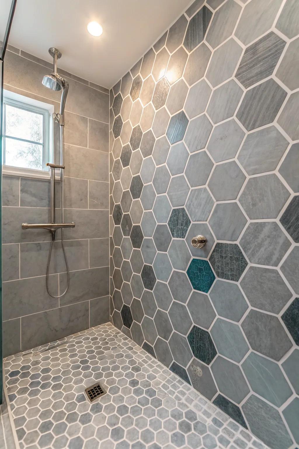 Embrace tranquility with a monochromatic hexagon tile palette that soothes the senses.