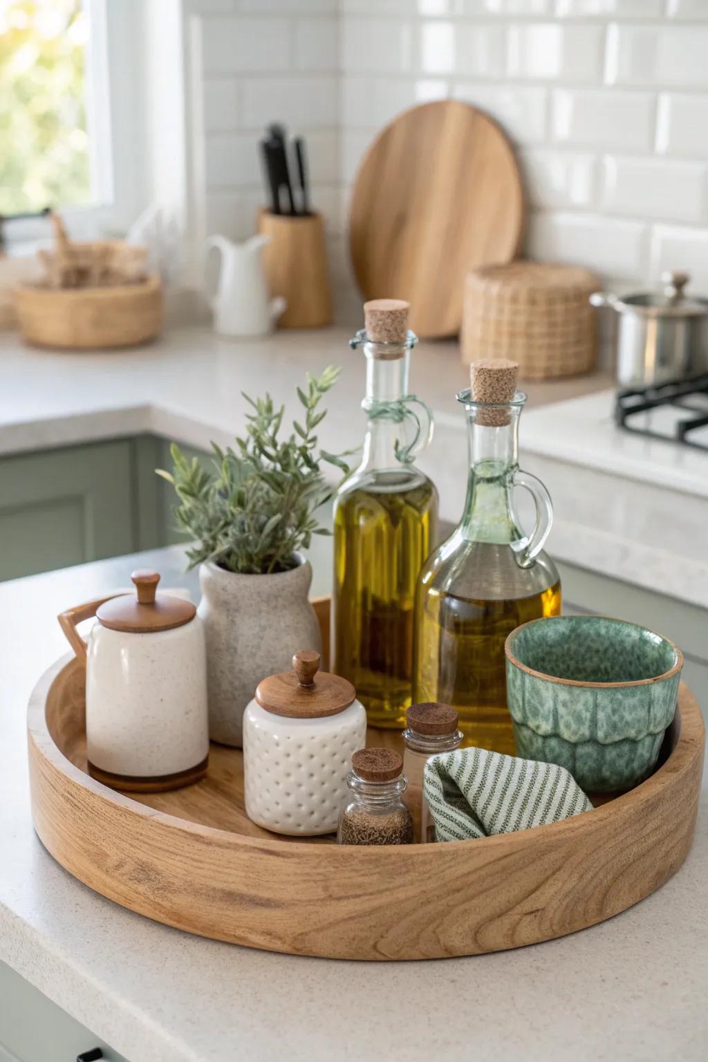 A well-organized tray adds elegance and functionality to your kitchen corner.
