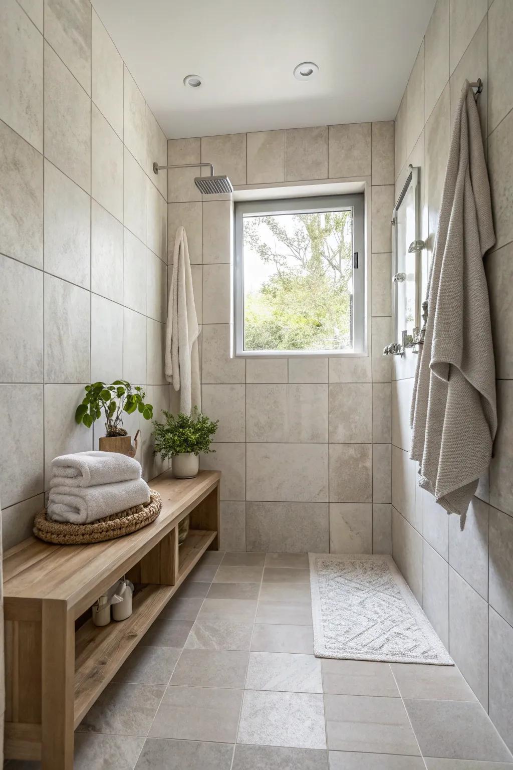 Achieve a sleek, expansive look with oversized tiles that make your shower feel luxurious.
