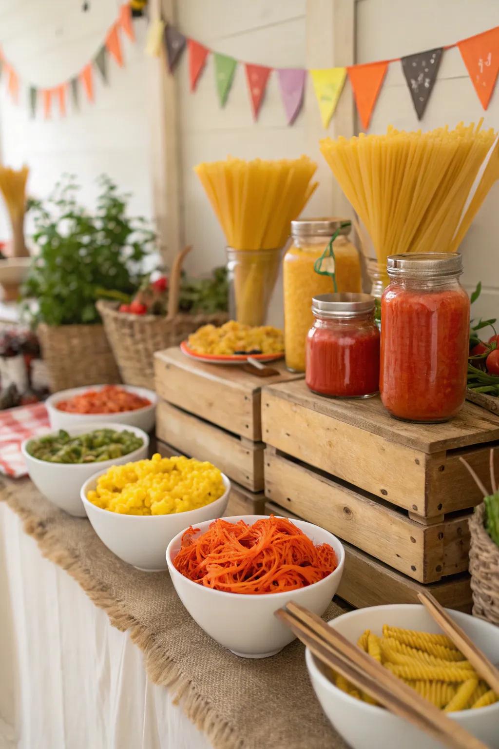 Let guests become chefs at your pasta bar, mixing and matching flavors for a personalized culinary experience.