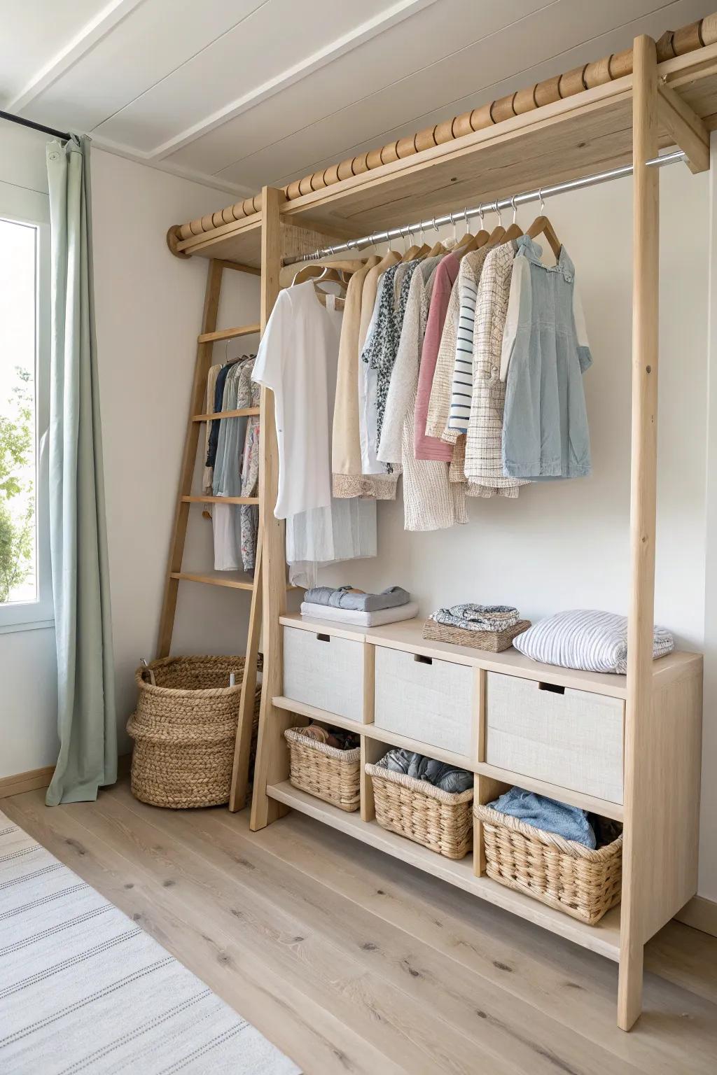 Vertical space is your best friend! Adjustable rods offer flexibility as your little one's wardrobe expands.