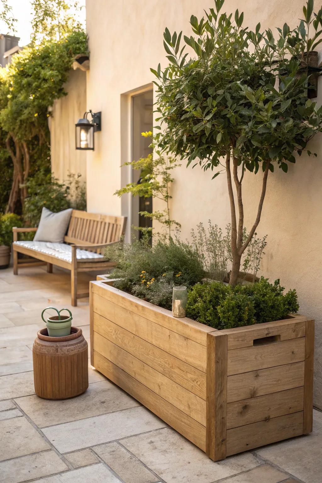 Add a touch of rustic charm to your garden with wooden planters that blend seamlessly into natural surroundings.