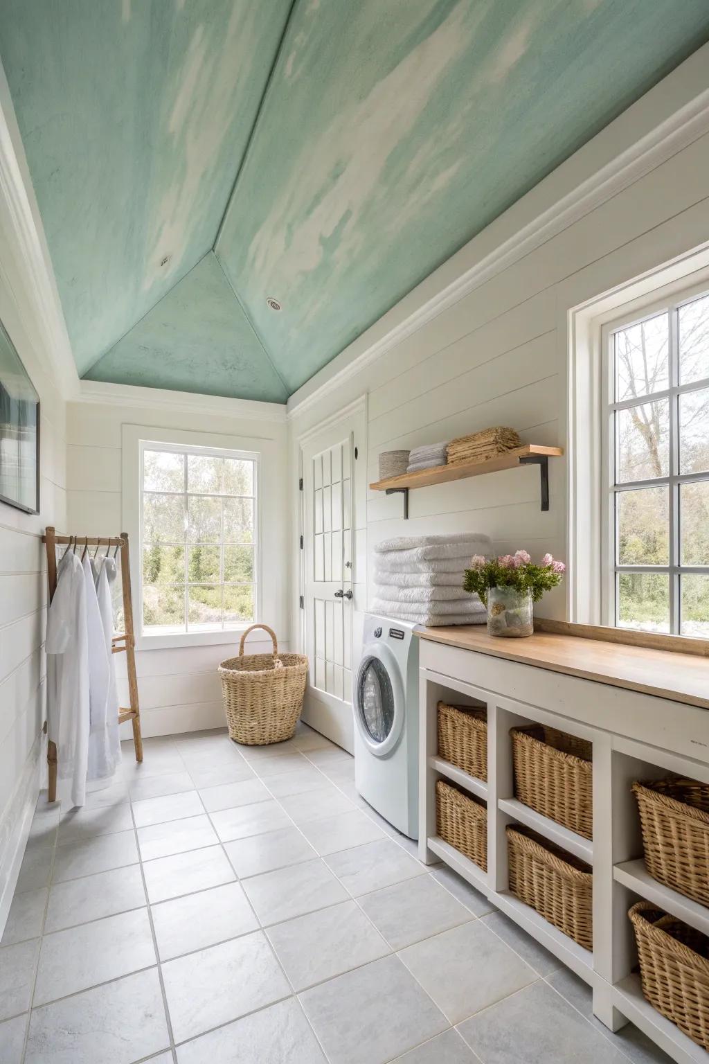 Add a splash of color to your laundry room with a painted ceiling for a serene and inviting atmosphere. 🎨 #LaundryRoomInspiration #ColorfulCeilings