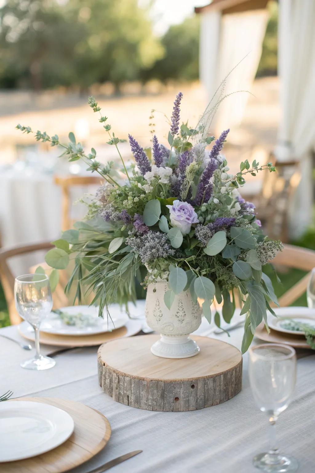 Lavender meets greenery to create a vibrant and lush centerpiece.