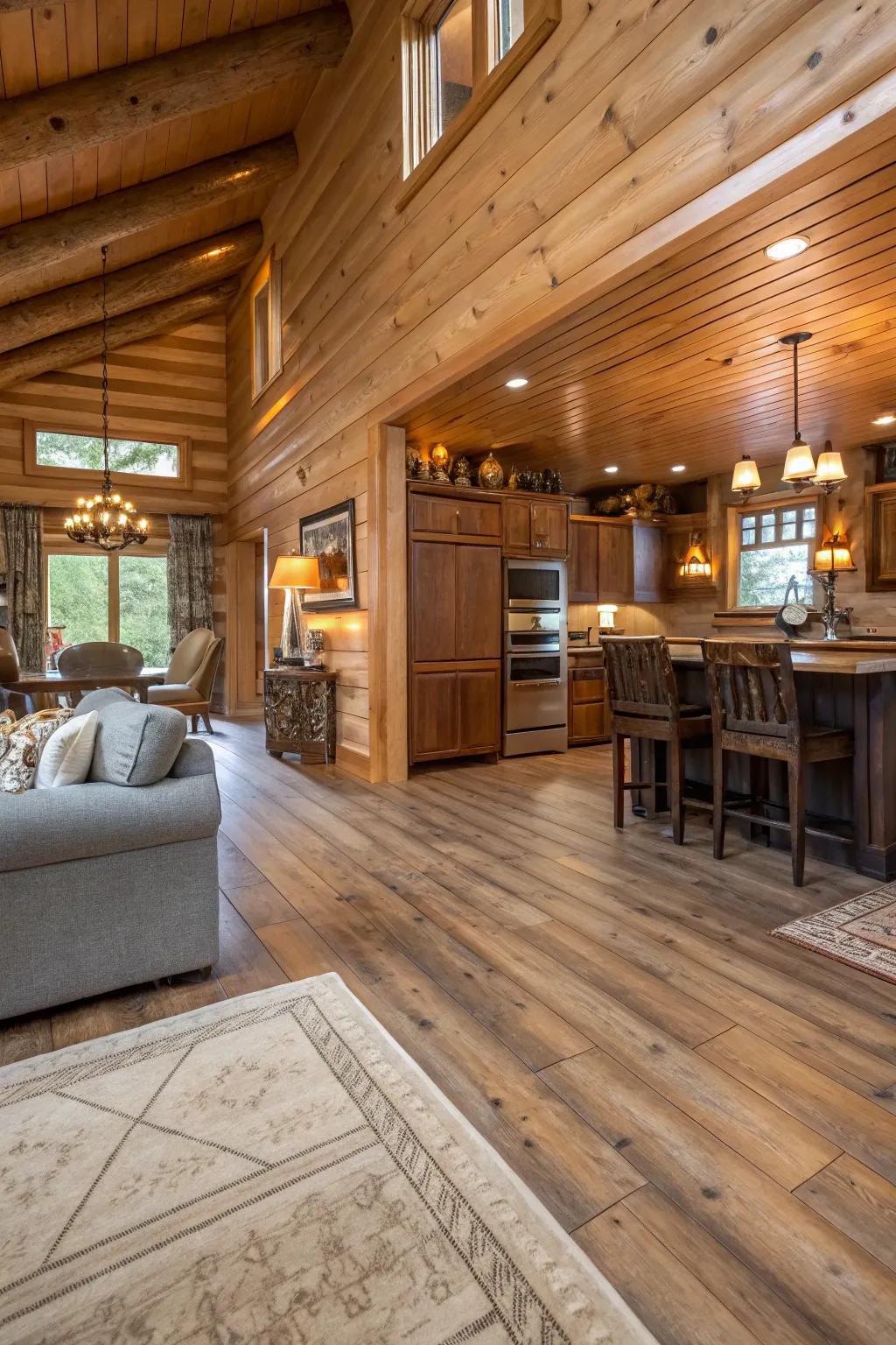 Keep the flow seamless and inviting by using consistent flooring in open-plan cabin spaces.