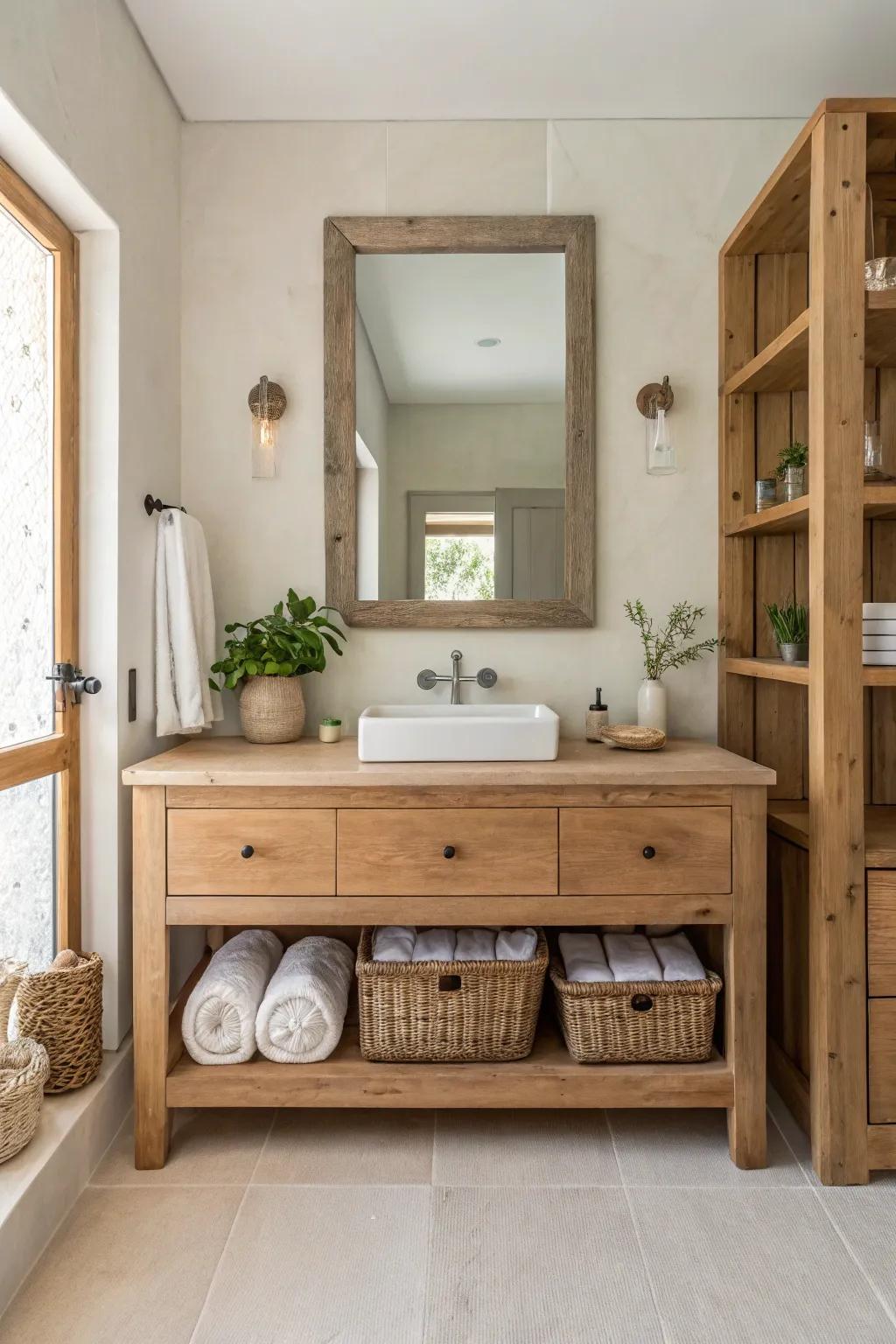 Natural wood accents bring warmth and character to a magnolia-style bathroom.
