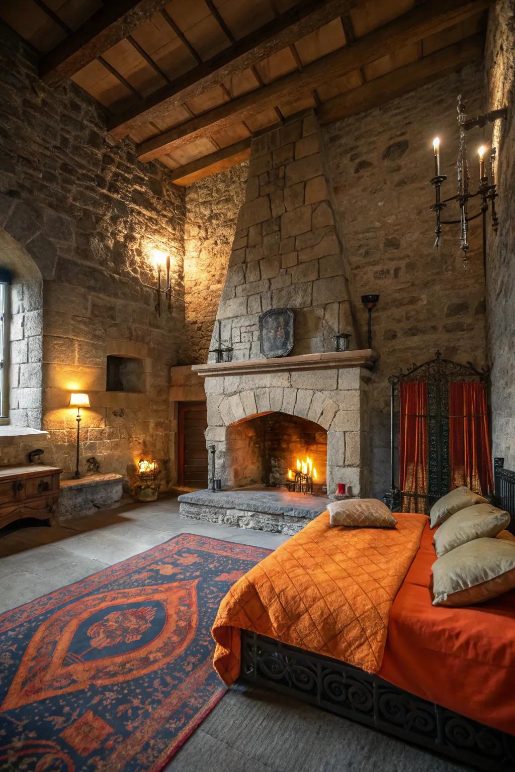 Warm up your medieval haven with the timeless allure of stone walls and a cozy fireplace. 🔥 #MedievalCharm #HomeDecor