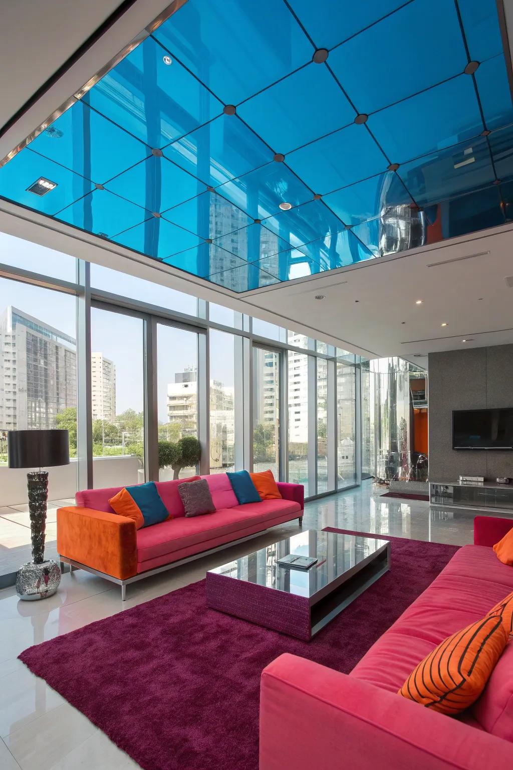 Create a spacious and inviting living room with a mirrored ceiling that maximizes light.