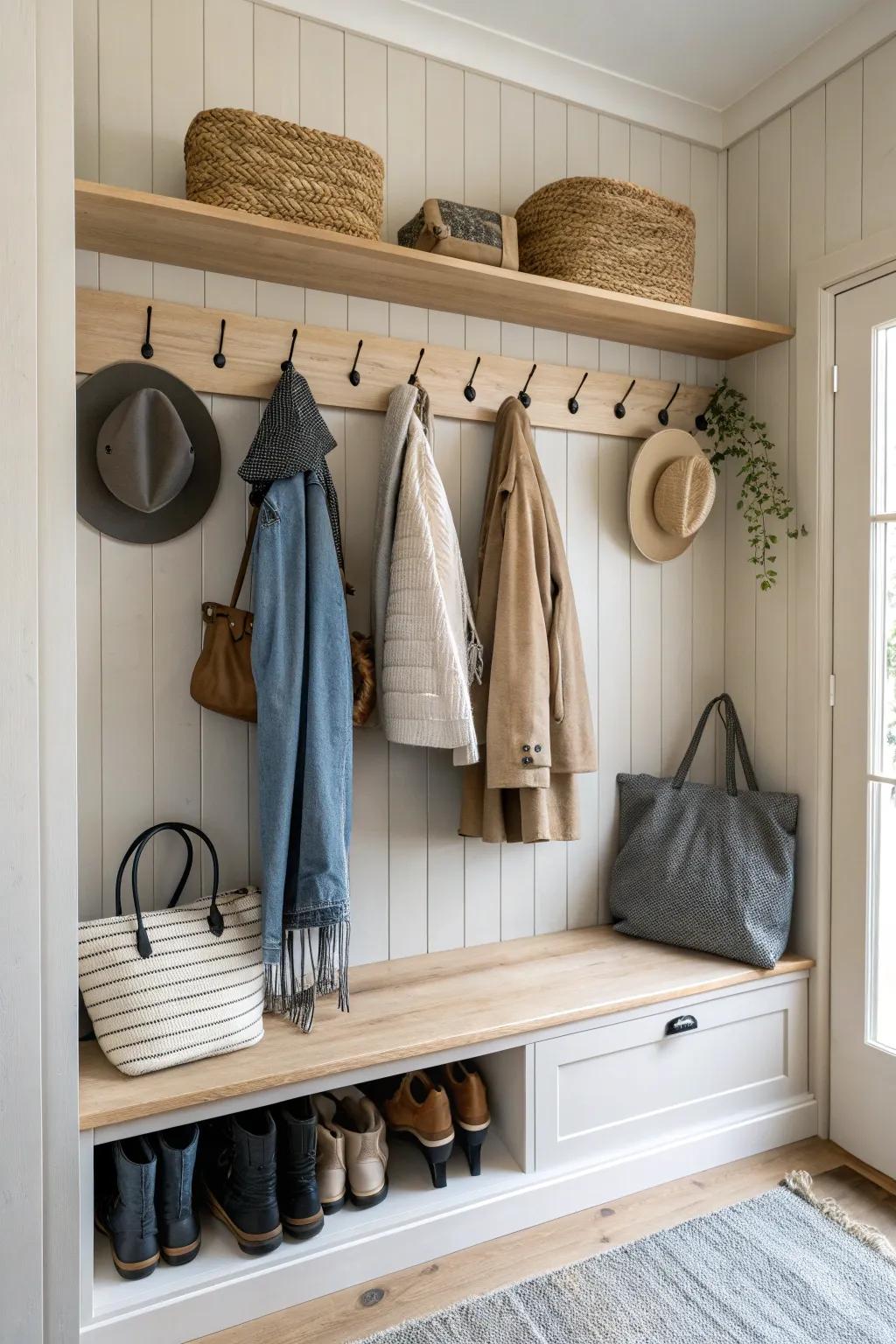 Hooks provide an easy and stylish solution for keeping your mudroom organized.