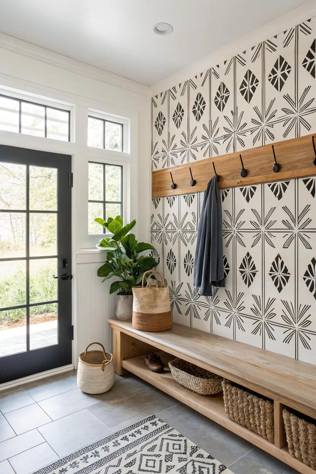 Geometric patterns can turn your mudroom into a statement space with modern flair.