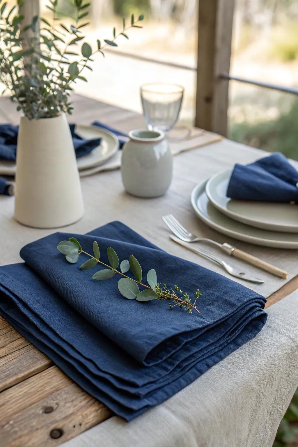 Navy napkins bring a simple yet elegant touch to any dinner table.