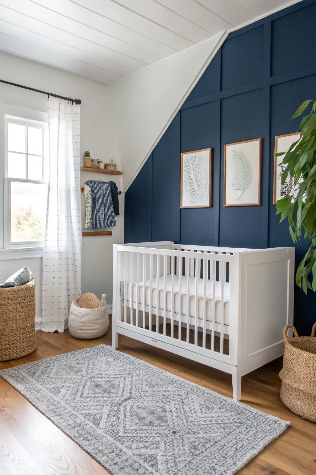 White furniture provides a fresh contrast against the deep navy backdrop.