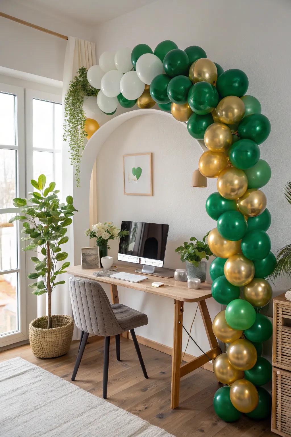 Elevate your office decor with a striking balloon arch that brings festive flair to the entrance.