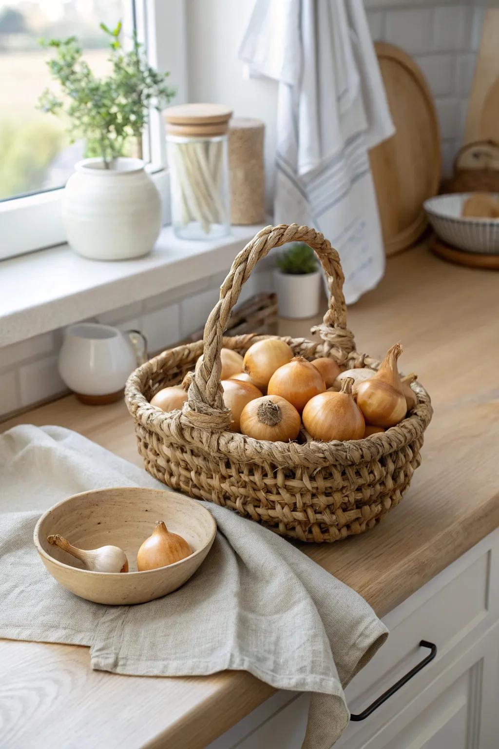 Add a touch of rustic charm to your kitchen with woven baskets for your onions.