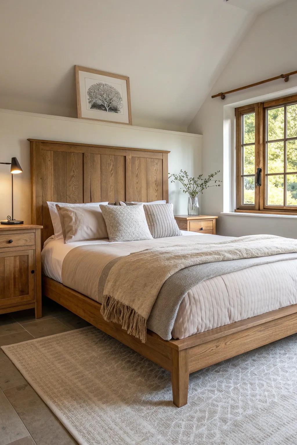 Wooden accents bring warmth and a touch of nature into your sanctuary.