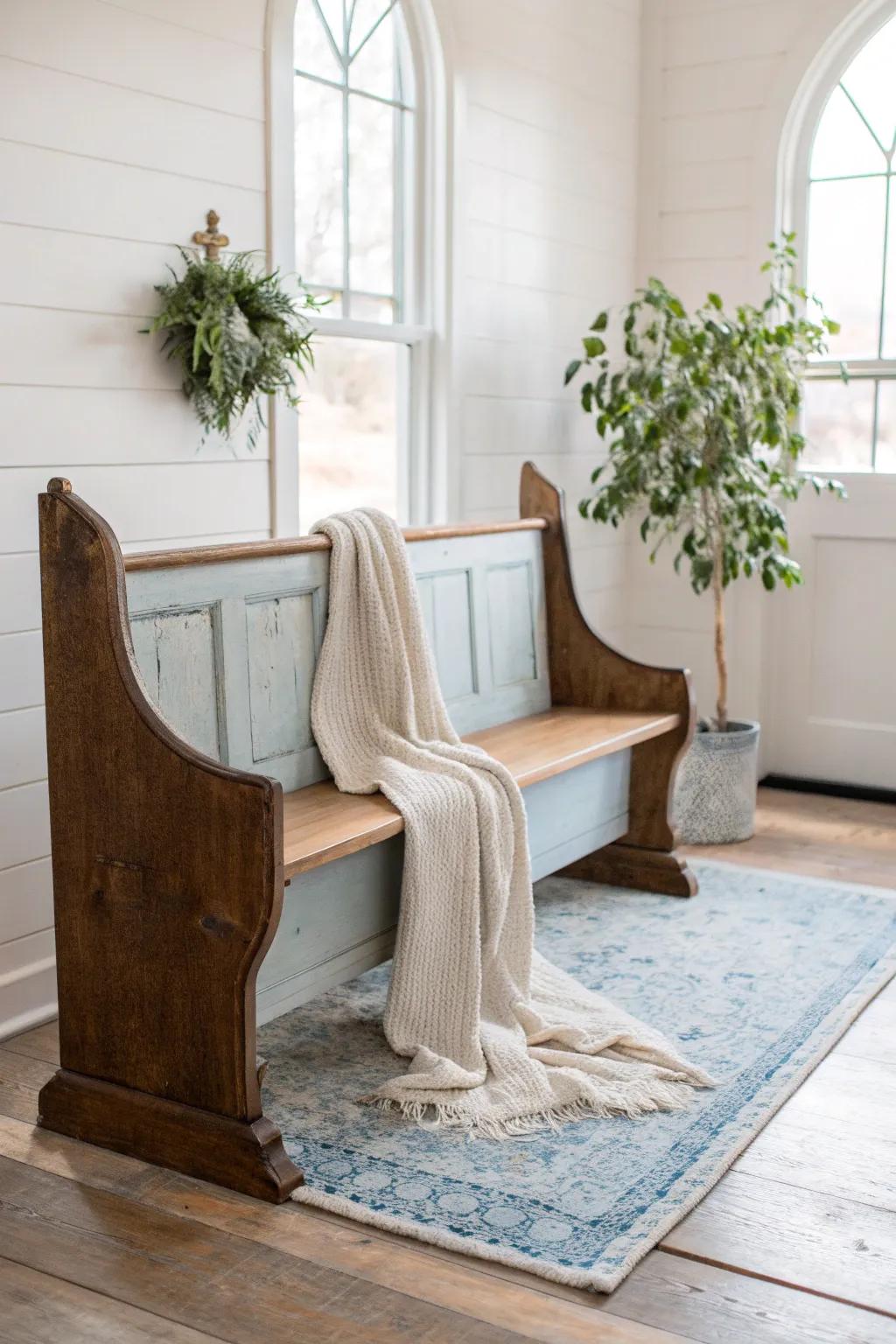 Add character and charm with a beautifully distressed church pew.