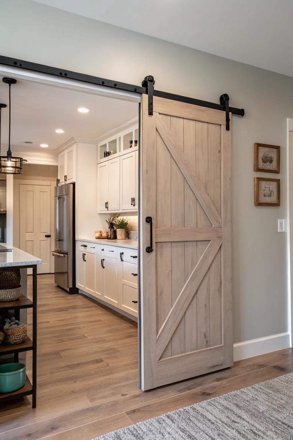 Embrace simplicity with a modern flat panel barn door for a chic kitchen vibe.