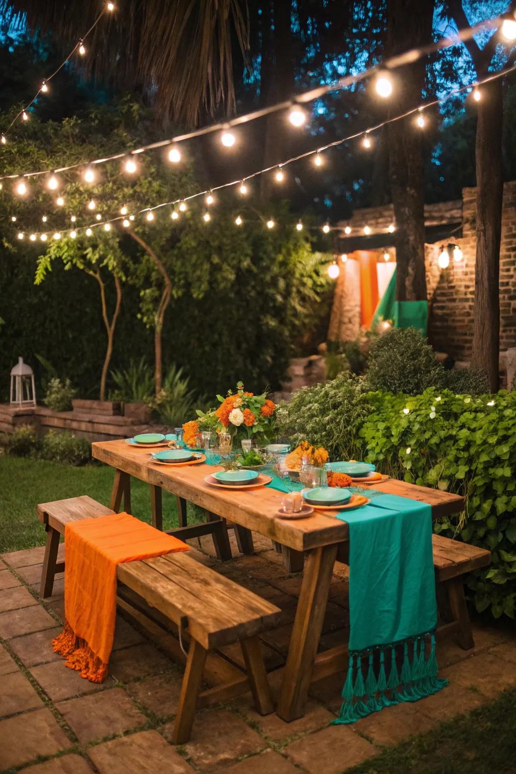 Host a charming rustic garden party with natural elements and cozy lighting.
