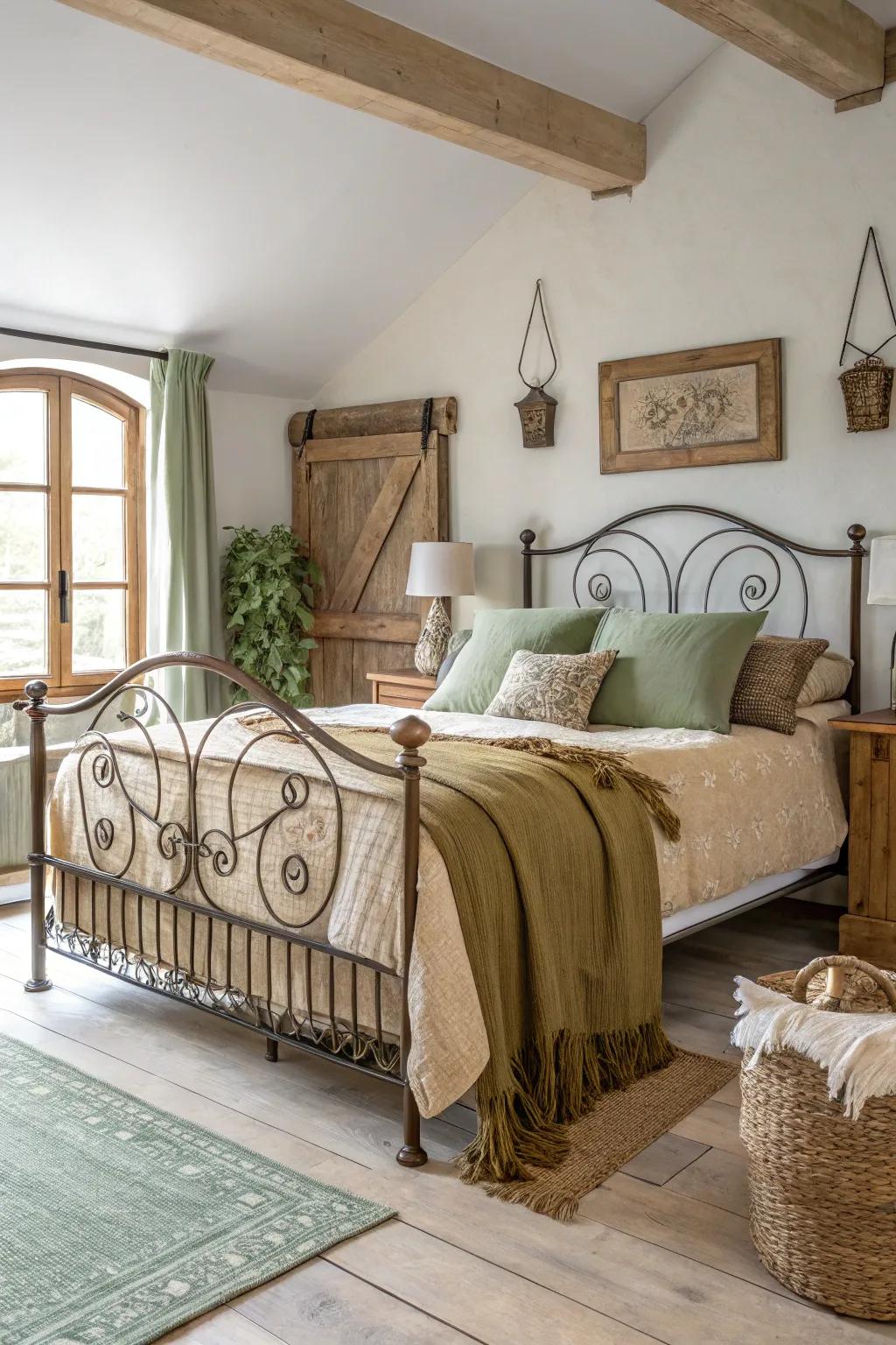 Wrap yourself in rustic charm, where wrought iron meets the warmth of wood for a snug retreat.