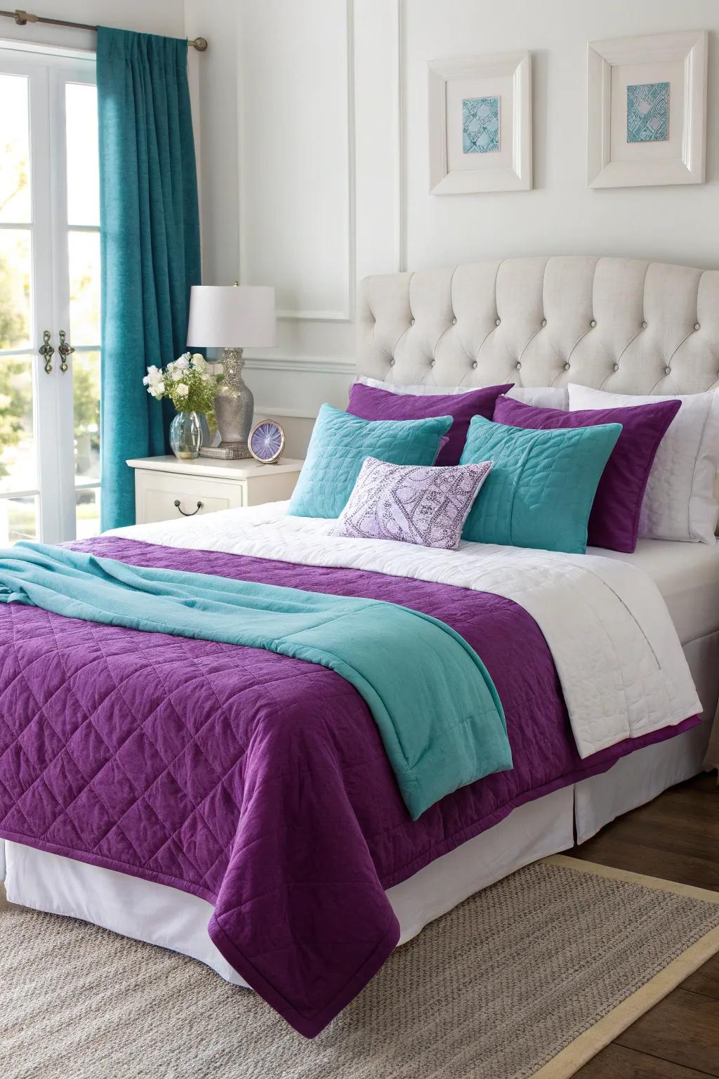 Lavender bedding paired with white sheets offers a gentle and inviting atmosphere.